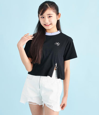 クロップド 前ジップ 刺繍 Tシャツ 913-7363