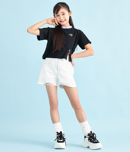 クロップド 前ジップ 刺繍 Tシャツ 913-7363