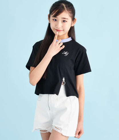 クロップド 前ジップ 刺繍 Tシャツ 913-7363