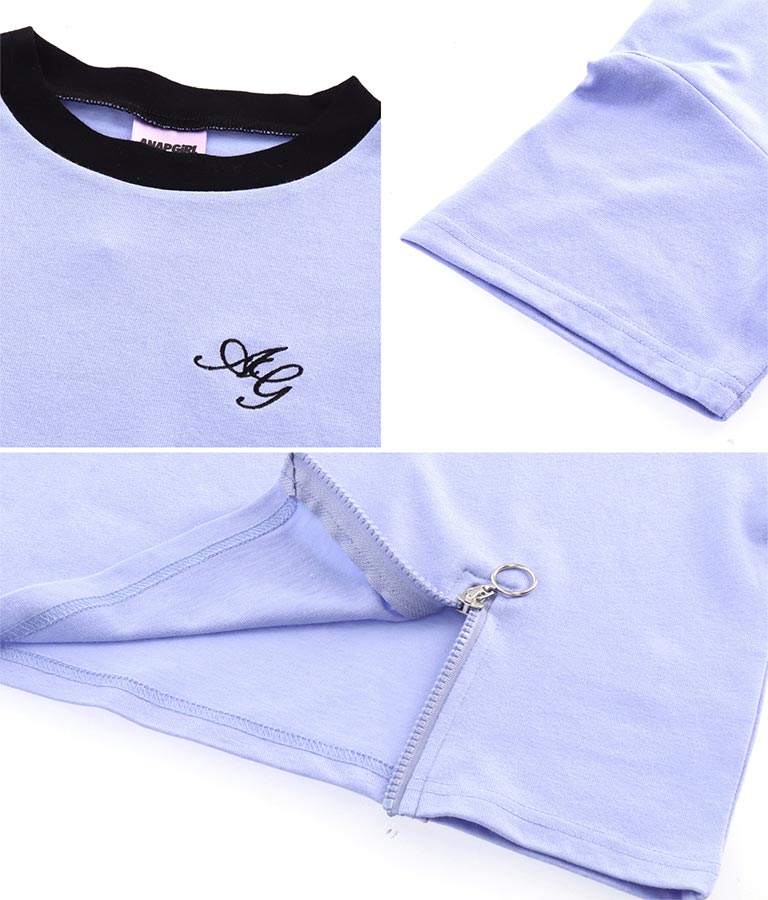 クロップド 前ジップ 刺繍 Tシャツ 913-7363