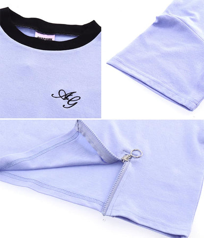 クロップド 前ジップ 刺繍 Tシャツ 913-7363