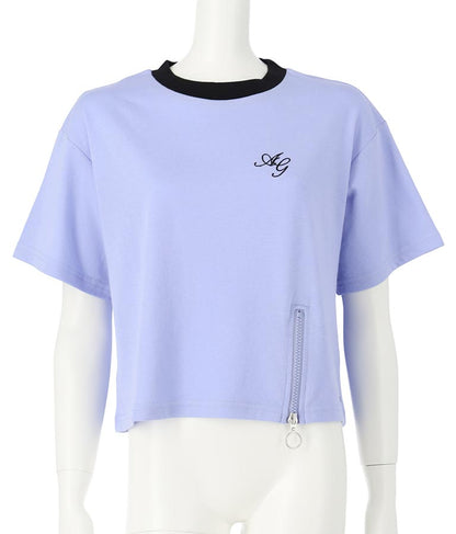 クロップド 前ジップ 刺繍 Tシャツ 913-7363