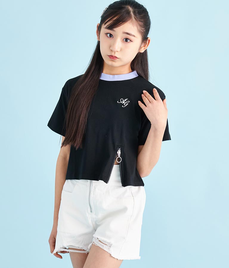 クロップド 前ジップ 刺繍 Tシャツ 913-7363