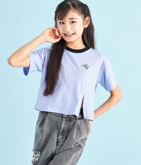 クロップド 前ジップ 刺繍 Tシャツ 913-7363