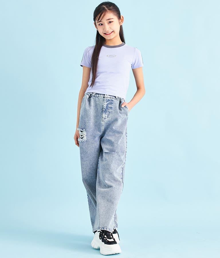 袖 ライン 入り シルバー プリント ミニ Tシャツ 913-7453