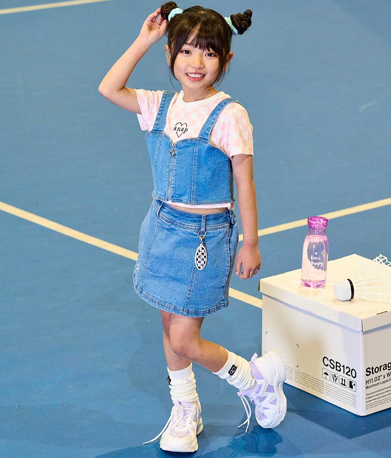 チェッカー柄 Tシャツ + デニム ビスチェ セット