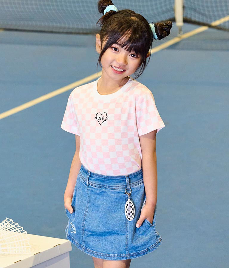 チェッカー柄 Tシャツ + デニム ビスチェ セット 428-3242