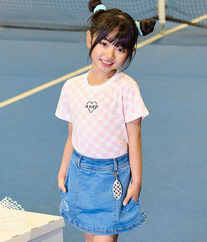 チェッカー柄 Tシャツ + デニム ビスチェ セット 428-3242