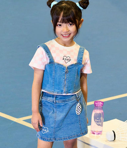 チェッカー柄 Tシャツ + デニム ビスチェ セット 428-3242