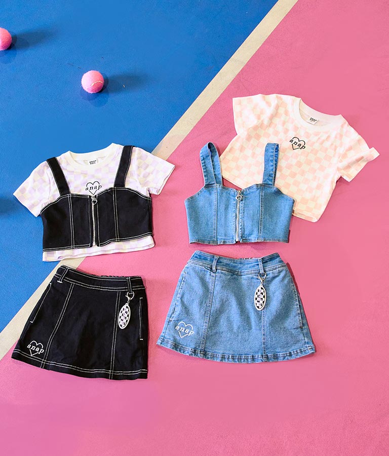 チェッカー柄 Tシャツ + デニム ビスチェ セット 428-3242