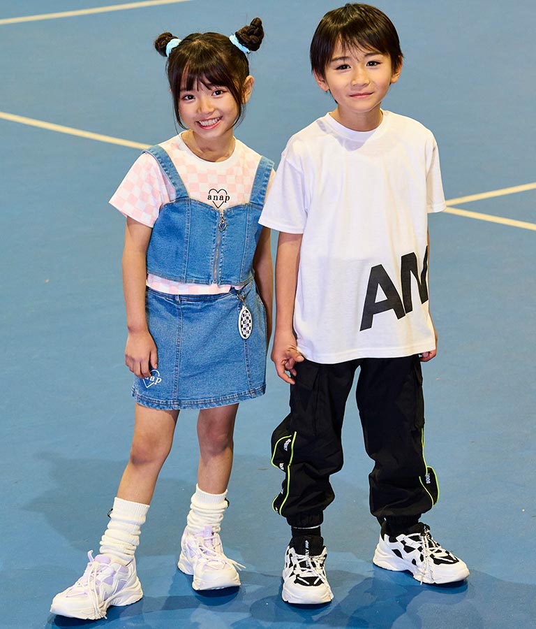 チェッカー柄 Tシャツ + デニム ビスチェ セット 428-3242