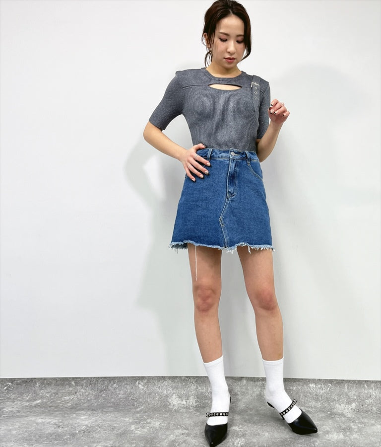 ラメ糸 ベルト デザイン リブ ニット トップス 153-5576