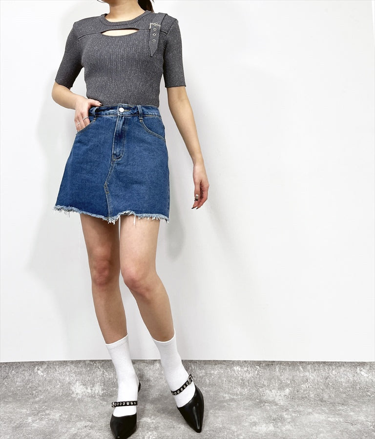 ラメ糸 ベルト デザイン リブ ニット トップス 153-5576