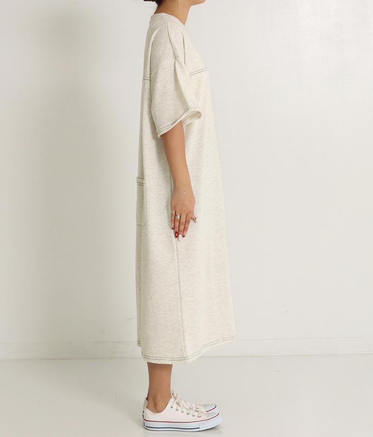 ガーゼ 裏毛 バック切替 5分袖 スウェット ワンピース