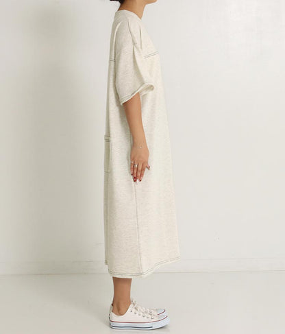 ガーゼ 裏毛 バック切替 5分袖 スウェット ワンピース