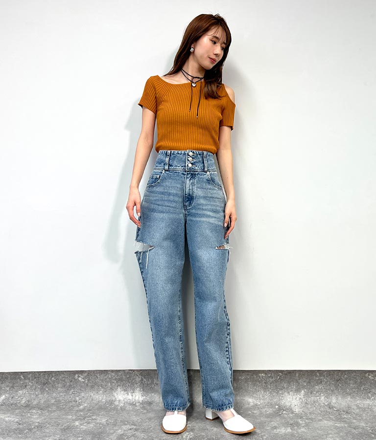 ワンショルダー カットアウト リブ ニット トップス 153-5578