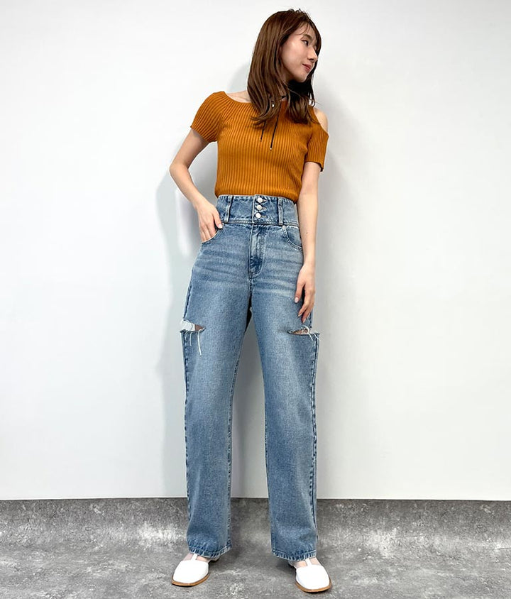 ワンショルダー カットアウト リブ ニット トップス 153-5578