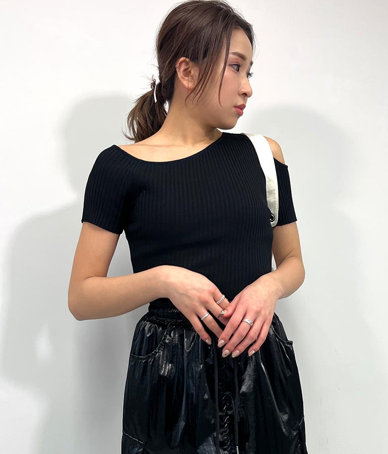 ワンショルダー カットアウト リブ ニット トップス 153-5578