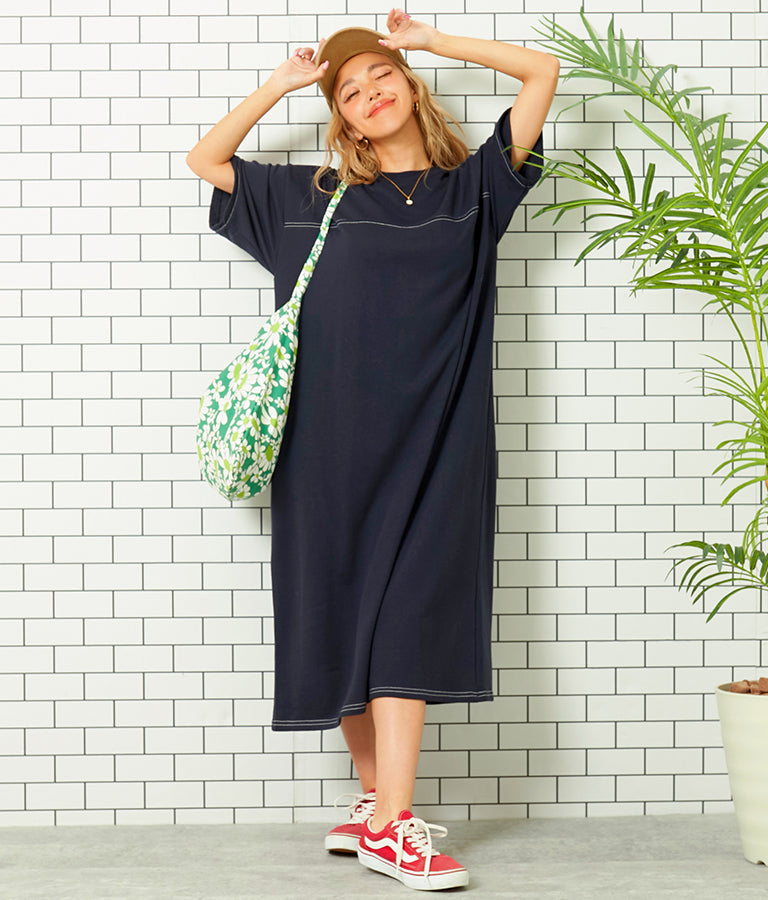 ガーゼ 裏毛 バック切替 5分袖 スウェット ワンピース 857-5839