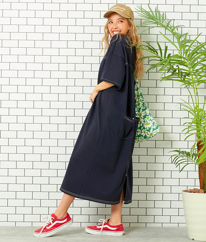 ガーゼ 裏毛 バック切替 5分袖 スウェット ワンピース 857-5839