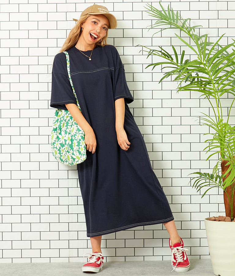 ガーゼ 裏毛 バック切替 5分袖 スウェット ワンピース 857-5839