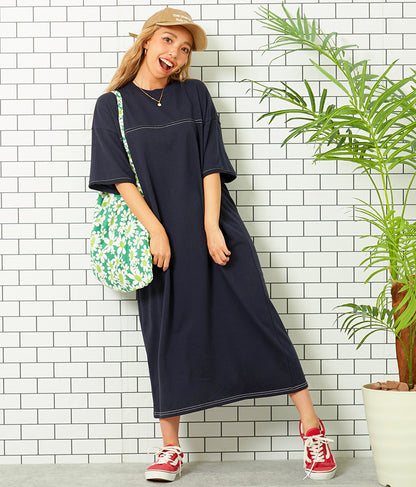 ガーゼ 裏毛 バック切替 5分袖 スウェット ワンピース 857-5839