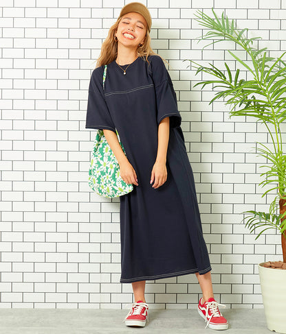 ガーゼ 裏毛 バック切替 5分袖 スウェット ワンピース 857-5839