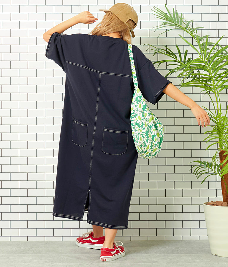 ガーゼ 裏毛 バック切替 5分袖 スウェット ワンピース 857-5839