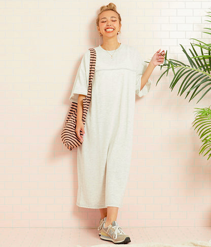 ガーゼ 裏毛 バック切替 5分袖 スウェット ワンピース 857-5839