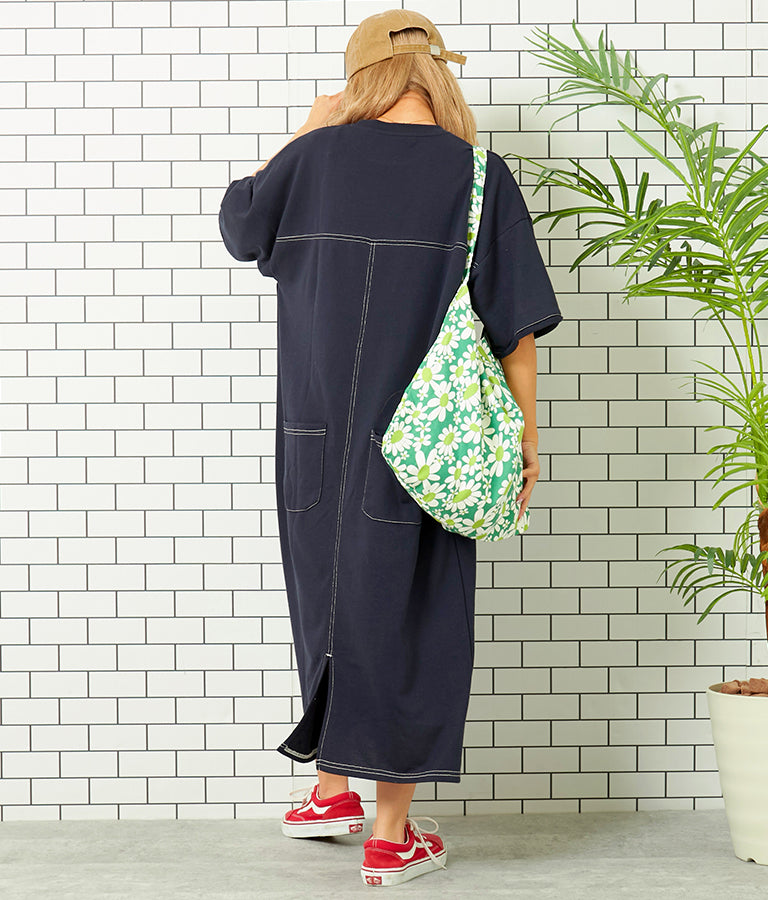 ガーゼ 裏毛 バック切替 5分袖 スウェット ワンピース 857-5839