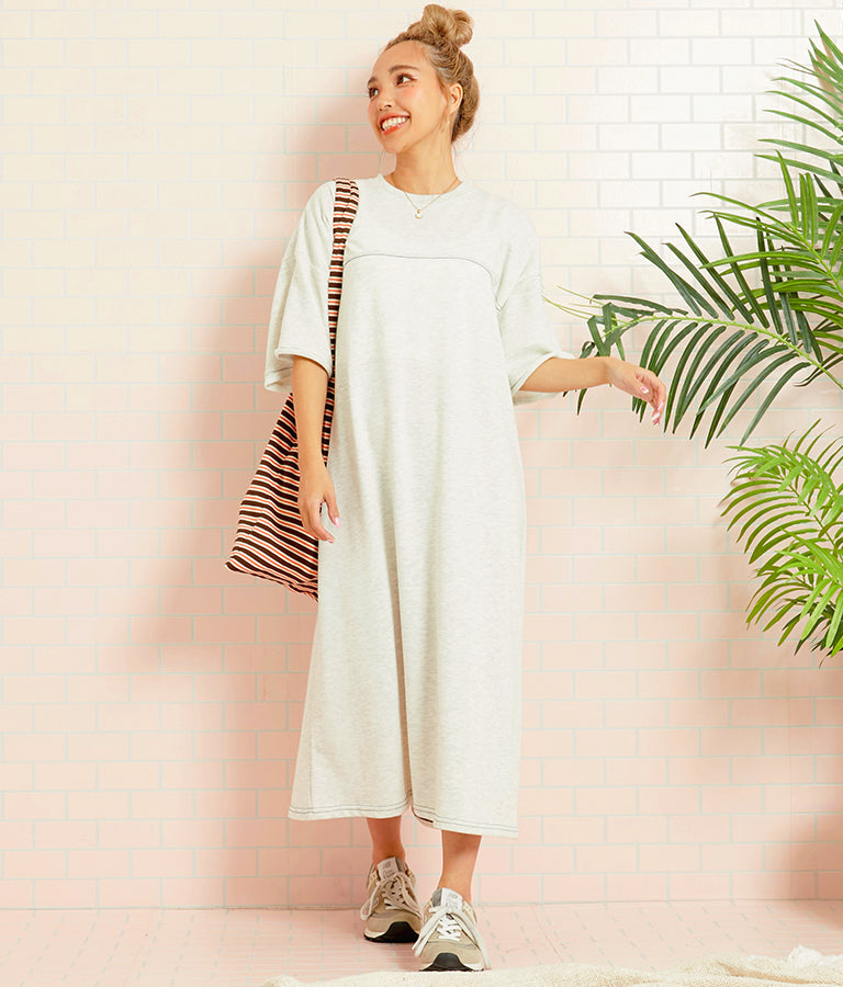 ガーゼ 裏毛 バック切替 5分袖 スウェット ワンピース 857-5839