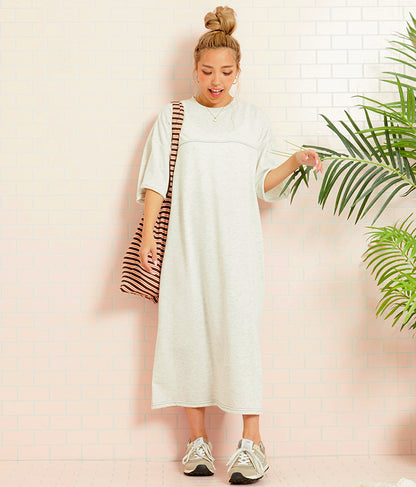 ガーゼ 裏毛 バック切替 5分袖 スウェット ワンピース 857-5839