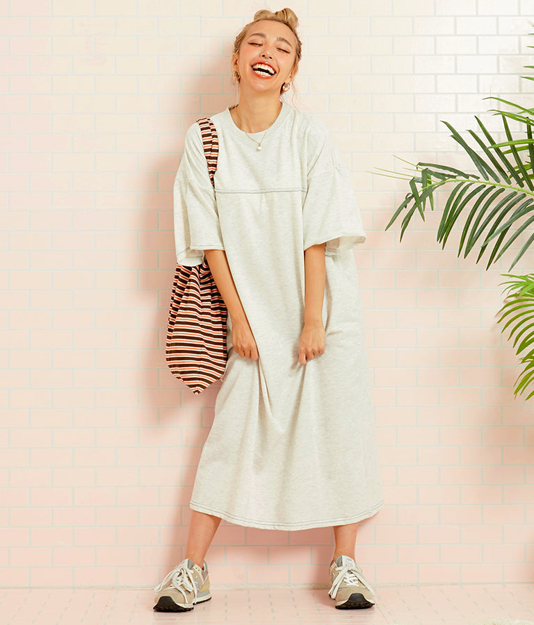 ガーゼ 裏毛 バック切替 5分袖 スウェット ワンピース 857-5839