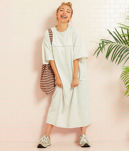 ガーゼ 裏毛 バック切替 5分袖 スウェット ワンピース 857-5839