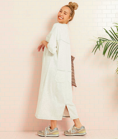 ガーゼ 裏毛 バック切替 5分袖 スウェット ワンピース 857-5839