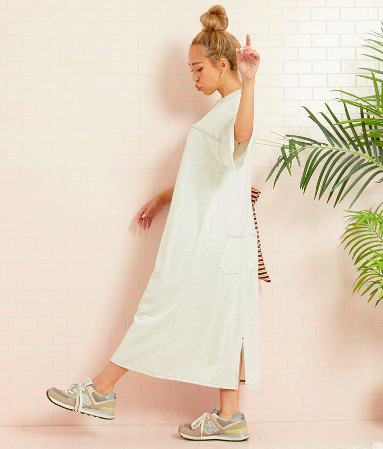 ガーゼ 裏毛 バック切替 5分袖 スウェット ワンピース 857-5839
