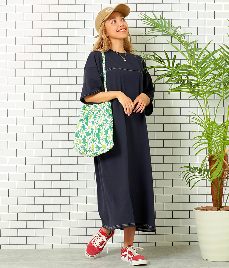 ガーゼ 裏毛 バック切替 5分袖 スウェット ワンピース 857-5839