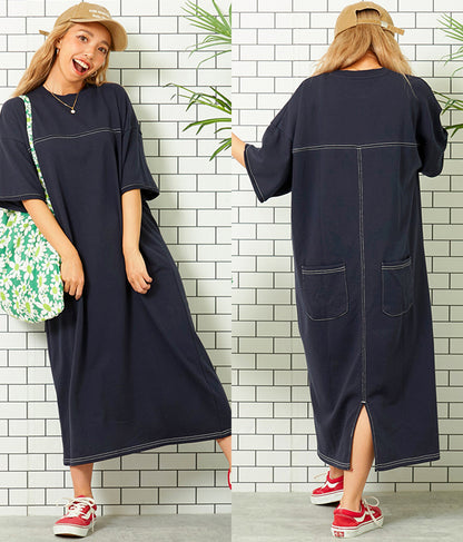 ガーゼ 裏毛 バック切替 5分袖 スウェット ワンピース 857-5839