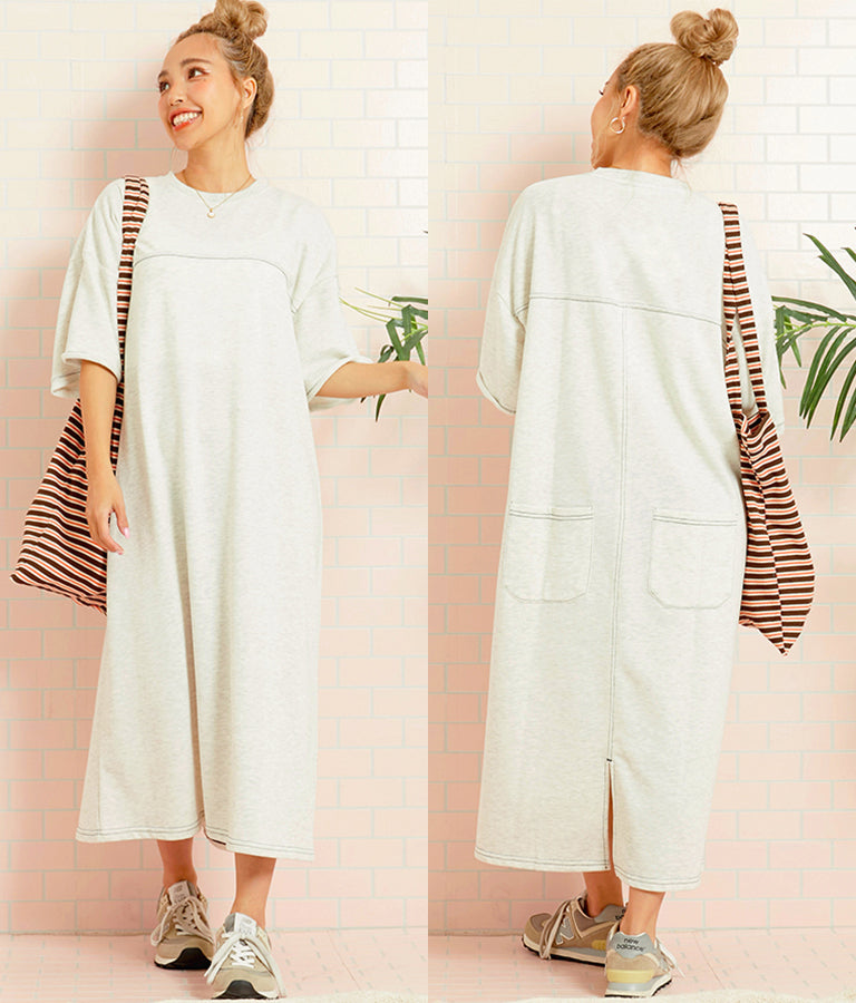 ガーゼ 裏毛 バック切替 5分袖 スウェット ワンピース 857-5839
