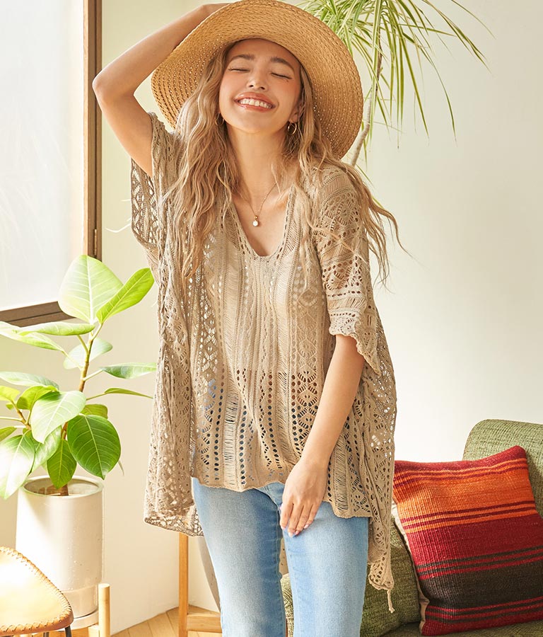 クロシェ編み Vネック ポンチョ チュニック 813-6832