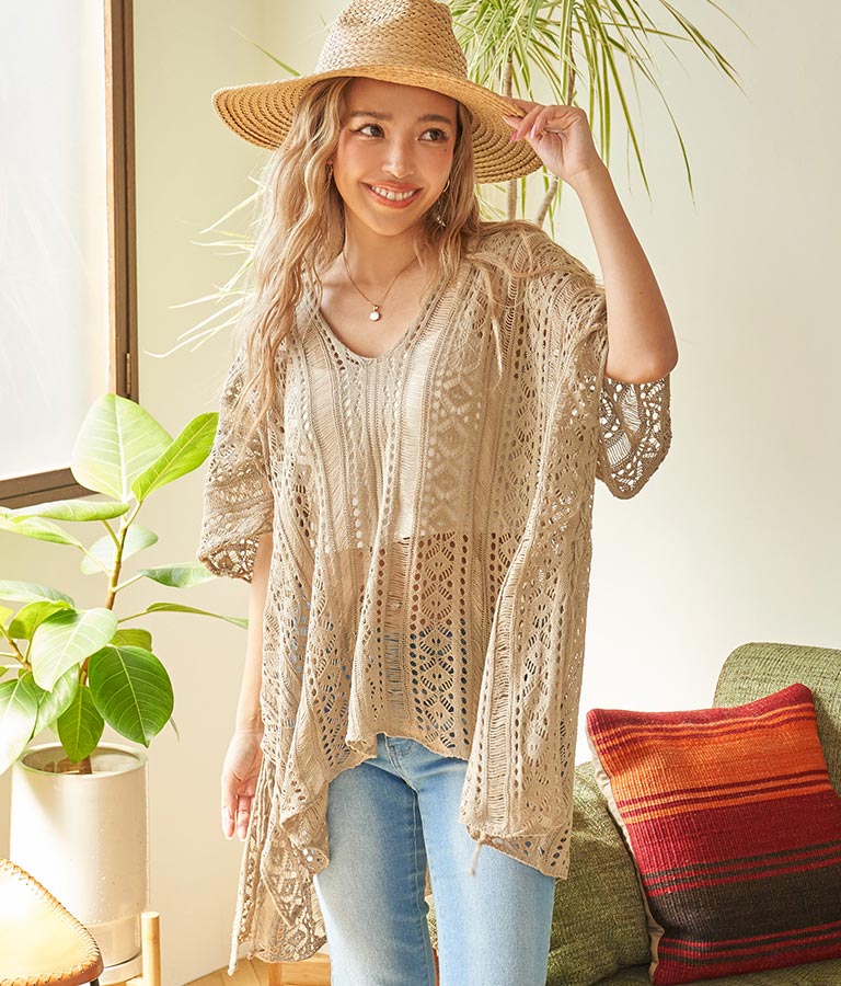 クロシェ編み Vネック ポンチョ チュニック 813-6832