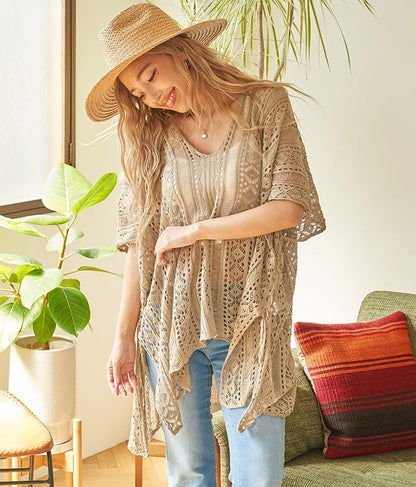 クロシェ編み Vネック ポンチョ チュニック 813-6832