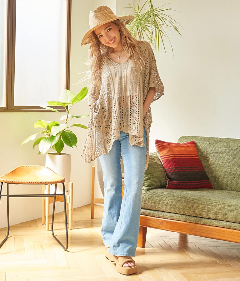 クロシェ編み Vネック ポンチョ チュニック 813-6832