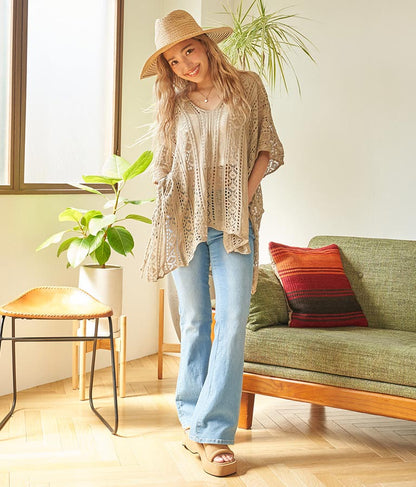 クロシェ編み Vネック ポンチョ チュニック 813-6832