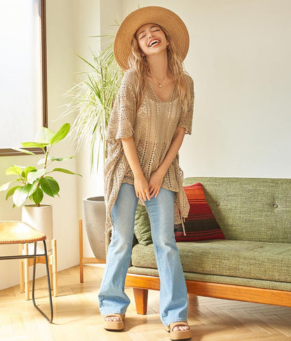 クロシェ編み Vネック ポンチョ チュニック 813-6832