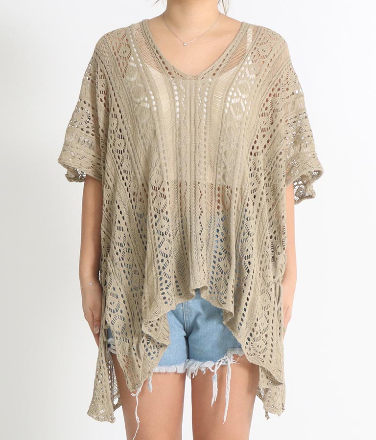 クロシェ編み Vネック ポンチョ チュニック 813-6832
