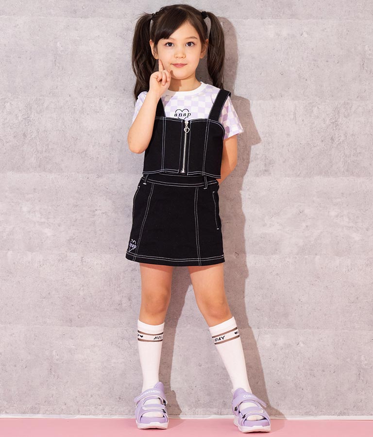 チェッカー柄 Tシャツ + デニム ビスチェ セット 428-3242