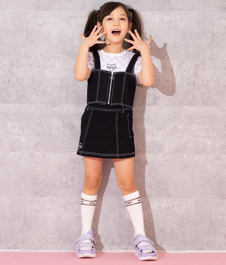 チェッカー柄 Tシャツ + デニム ビスチェ セット 428-3242