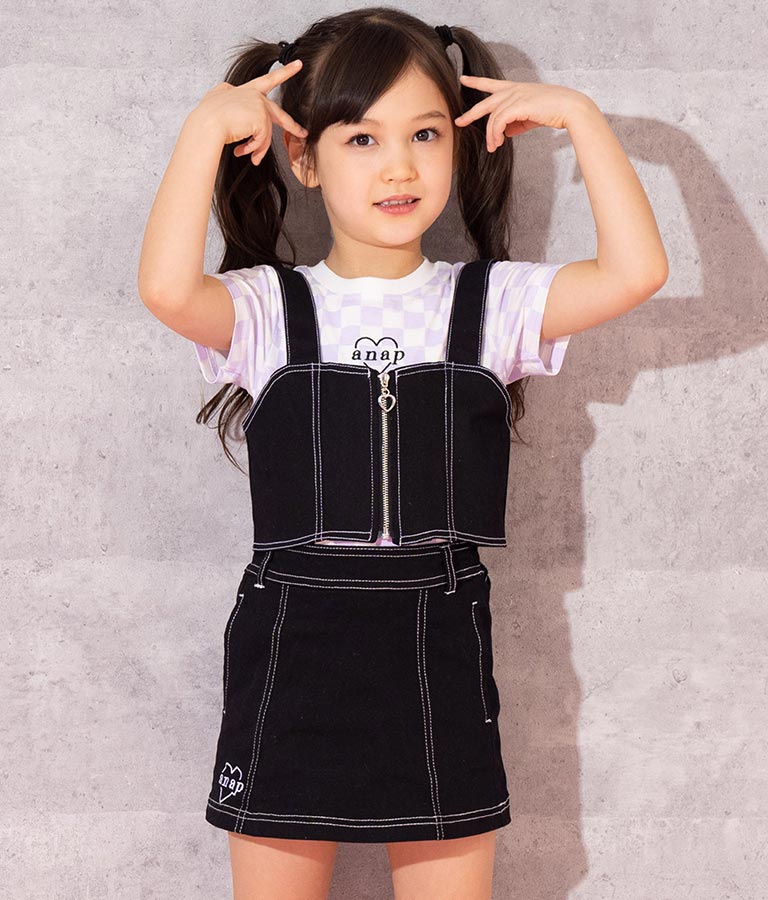 チェッカー柄 Tシャツ + デニム ビスチェ セット 428-3242