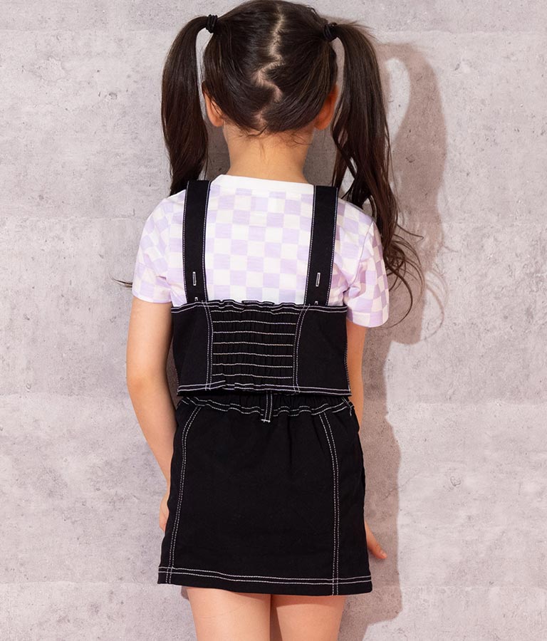 チェッカー柄 Tシャツ + デニム ビスチェ セット 428-3242